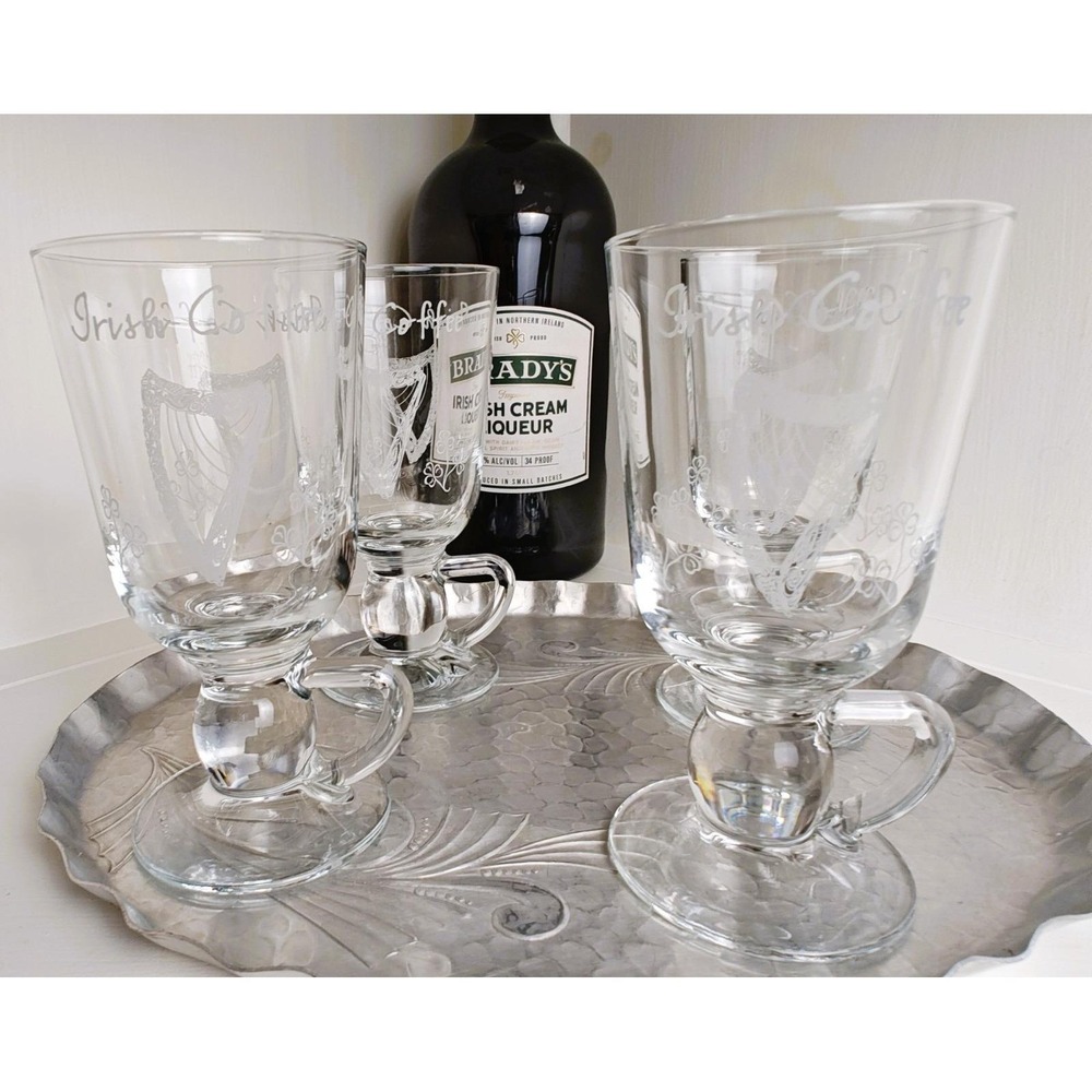 Eamon Glass Irish Coffee Mugs- Set of 4 Etched Harp and Shamrock Design- Ireland